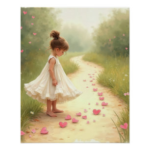 Kleines Mädchen mit rosa Herzen auf trockenem Weg Poster