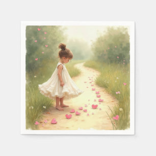 Kleines Mädchen mit rosa Herzen auf trockenem Weg Serviette