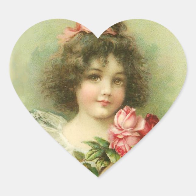 Kleines Mädchen mit rosa Rosen Valentinstag Herz-Aufkleber (Vorderseite)
