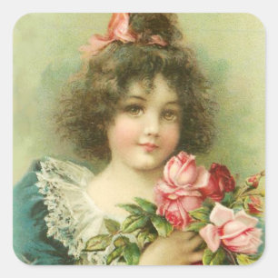 Kleines Mädchen mit rosa Rosen Valentinstag Quadratischer Aufkleber