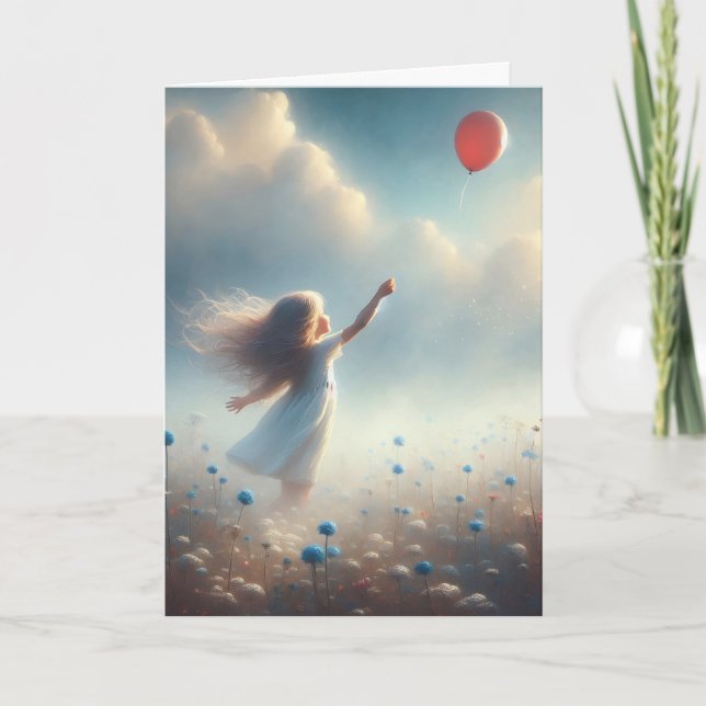 Kleines Mädchen mit rotem Ballon, das an dich denk Karte (Vorderseite)