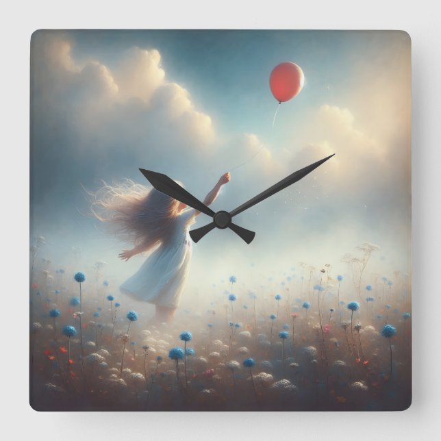 Kleines Mädchen mit rotem Ballon Quadratische Wanduhr (Vorderseite)