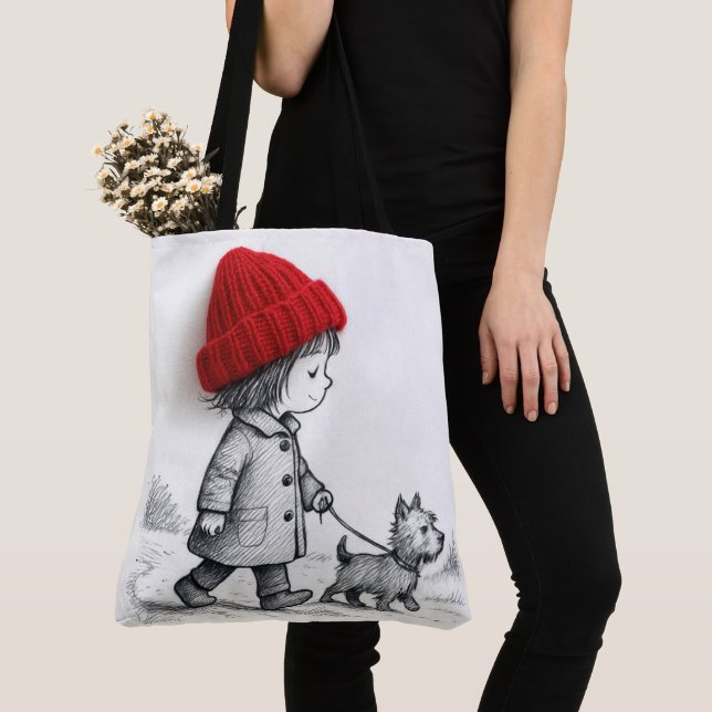 Kleines Mädchen mit roter 3D-Mütze führt ihren Hun Tasche (Von Nahem)