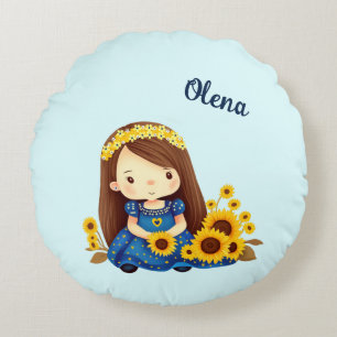 Kleines Mädchen mit Sonnenblumen Rundes Kissen