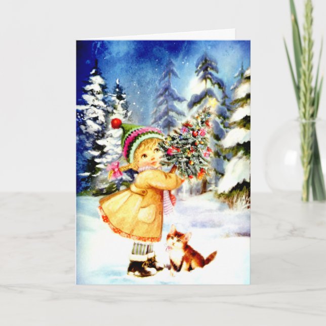 Kleines Mädchen mit Weihnachtsbaum Feiertagskarte (Vorderseite)