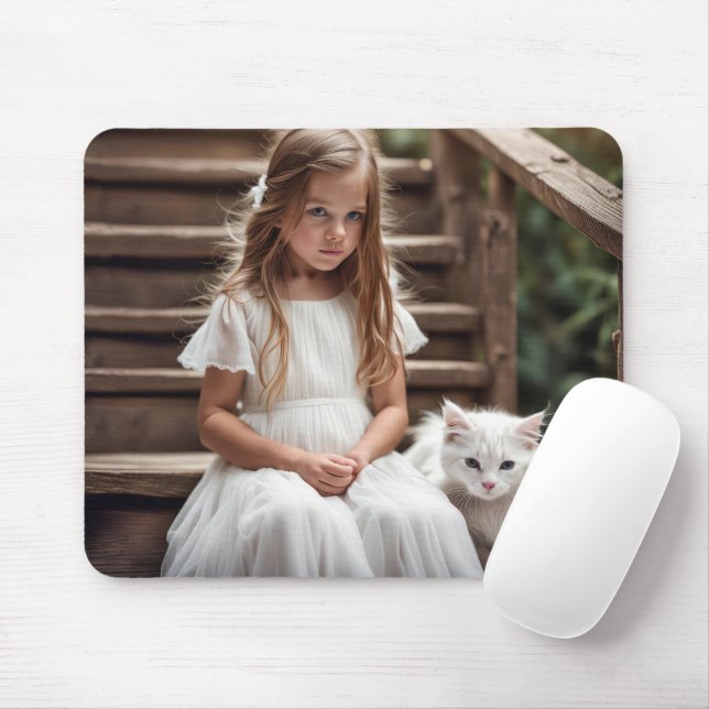 Kleines Mädchen mit weißer Katze Mousepad (Mit Mouse)