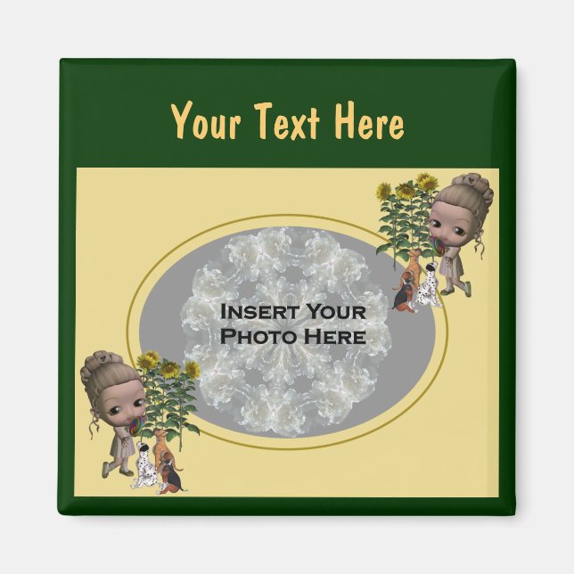 Kleines Mädchen mit Welpen-Foto Magnet (Vorne)