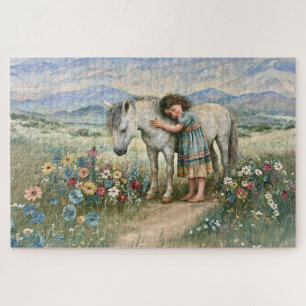 Kleines Mädchen Pony Wildblumen Berge Wiese
