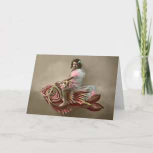 Kleines Mädchen reiten beim Fisch Karte