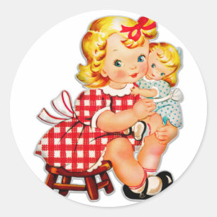 Kleines Mädchen Retro Vintage-Puppe Kind Runder Aufkleber