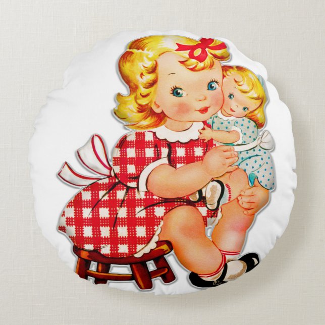 Kleines Mädchen Retro Vintage Puppenkind Rundes Kissen (Vorderseite)