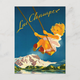Kleines Mädchen schwingt über Lac Champex, Schweiz Postkarte