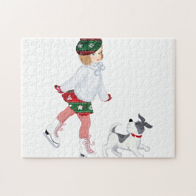 Kleines Mädchen Skaten auf Eis und Hund (Horizontal)
