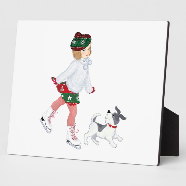 Kleines Mädchen Skaten auf Eis und Hund Fotoplatte (Seite)