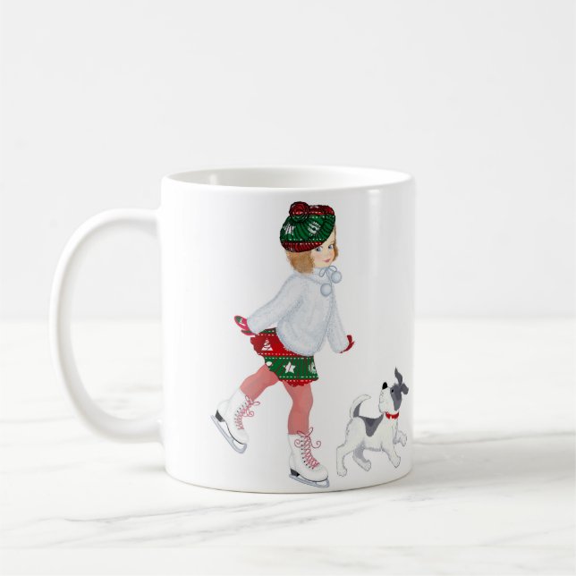 Kleines Mädchen Skaten auf Eis und Hund Kaffeetasse (Links)