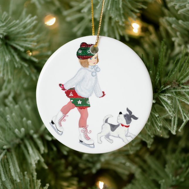 Kleines Mädchen Skaten auf Eis und Hund Keramik Ornament (Baum)