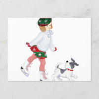 Kleines Mädchen Skaten auf Eis und Hund