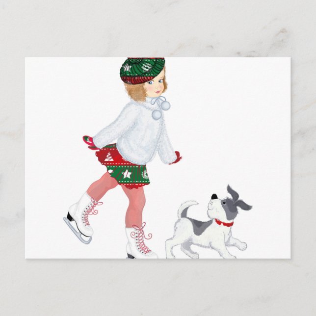 Kleines Mädchen Skaten auf Eis und Hund Postkarte (Vorderseite)