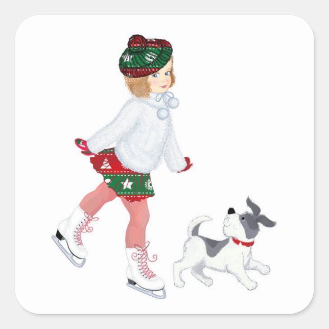 Kleines Mädchen Skaten auf Eis und Hund Quadratischer Aufkleber (Vorderseite)