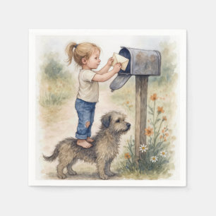 Kleines Mädchen steht auf einem Hund, um einen Bri Serviette