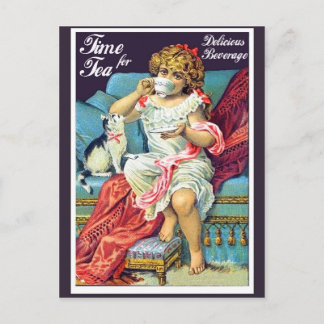 Kleines Mädchen trinkt Tee, Vintage Kunst Postkarte