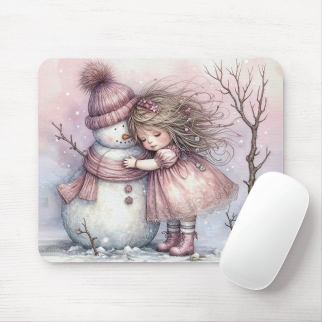 Kleines Mädchen umarmt einen Schneemann Mousepad (Mit Mouse)