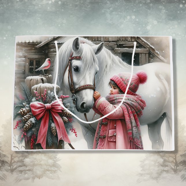 Kleines Mädchen und ihr Pferd Rustikale Weihnachte Große Geschenktüte (Von Creator hochgeladen)