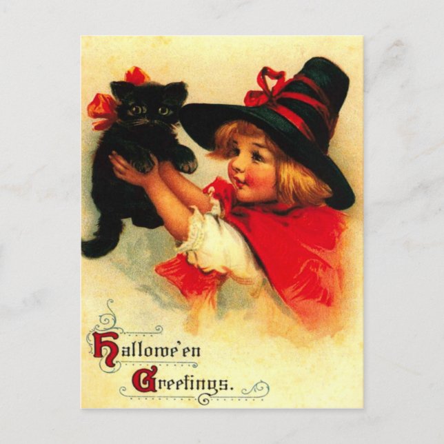 Kleines Mädchen und ihre schwarze Katze Postkarte (Vorderseite)
