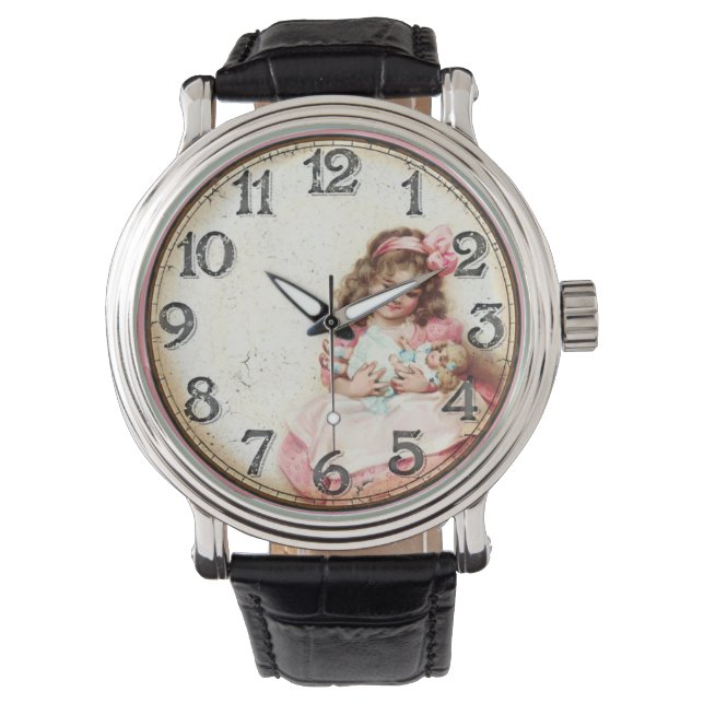 Kleines Mädchen und ihre Vintage Puppe Armbanduhr (Vorderseite)