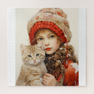 KLEINES MÄDCHEN UND KATZE-JIGSAW PUZZLE