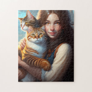KLEINES MÄDCHEN UND KATZEN KUNST JIGSAW PUZZLE