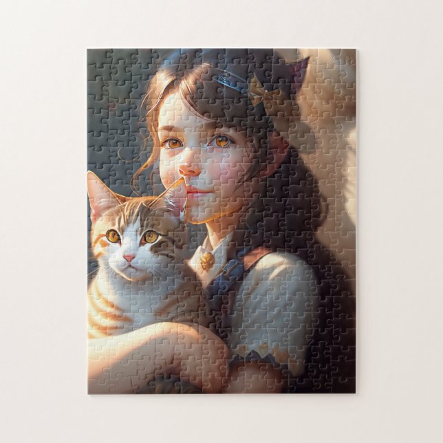 KLEINES MÄDCHEN UND KATZKUNST JIGSAW PUZZLE (Vertikal)