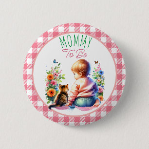 Kleines Mädchen und Kitten Mama als Babydusche Button
