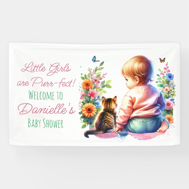Kleines Mädchen und Kitten | Wasserfarben-Babydusc Banner (Horizontal)