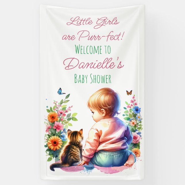 Kleines Mädchen und Kitten | Wasserfarben-Babydusc Banner (Vertikal)