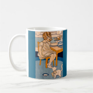 Kleines Mädchen und kleine weiße Katze der 1920er Kaffeetasse