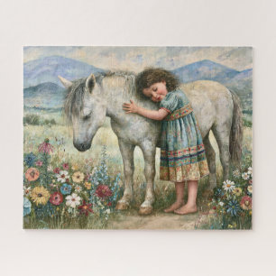 Kleines Mädchen Weiße Stute Wildblumen Wiese