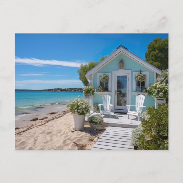 kleines mintfarbenes  Strandhaus am Meer Postkarte (Vorderseite)
