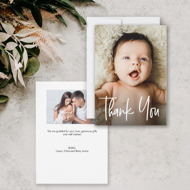 Kleines modernes Handlettern Kinderdusche Foto Dankeskarte (two custom photos baby shower small thank you card.)