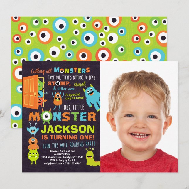 Kleines Monster 1. Geburtstag Foto Einladung (Vorne/Hinten)