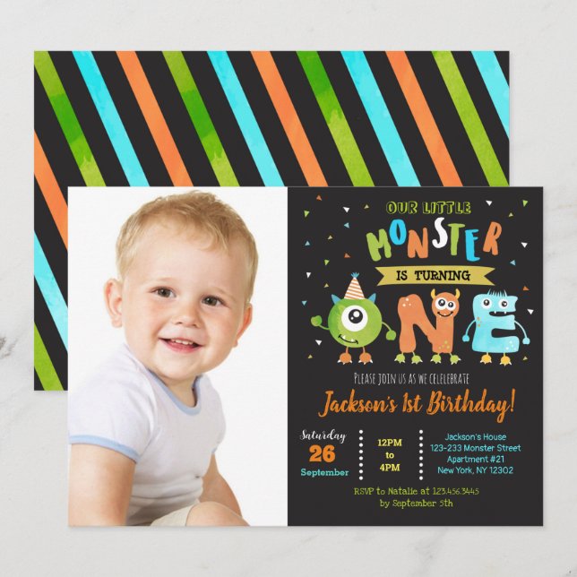 Kleines Monster 1. Geburtstag Party Einladungen (Vorne/Hinten)