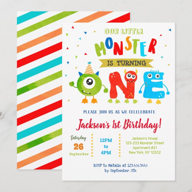 Kleines Monster Einladungen zum ersten Geburtstag (Vorne/Hinten)