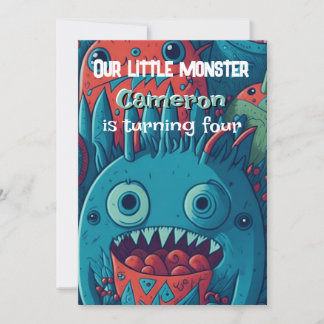 Kleines Monster Geburtstagsparty blau rot Einladung