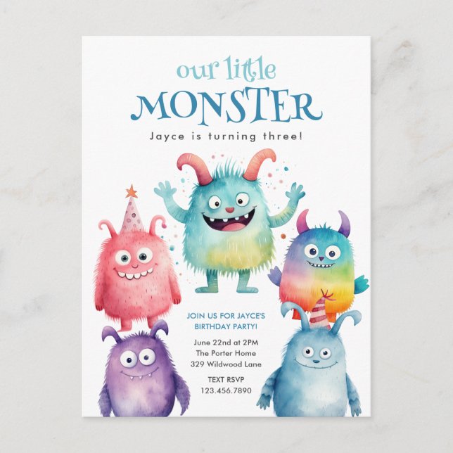 Kleines Monster-Kindergeburtstag-Party Einladung Postkarte (Vorderseite)