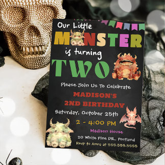 Kleines Monster Thema 2. Geburtstag Party Einladung
