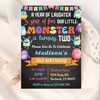 Kleines Monster Thema 2. Geburtstag Party Einladung