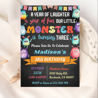 Kleines Monster Thema 3. Geburtstag Party Einladung