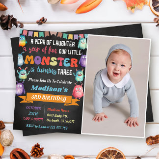 Kleines Monster thematisches 3. Geburtstag Party F Einladung