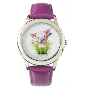 Kleines rosa Schwein im grünen Gras Armbanduhr