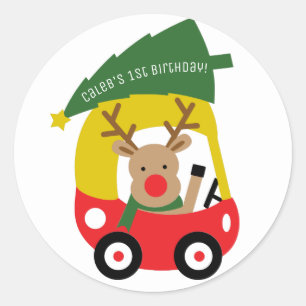 Kleines Rote Rentier Auto Weihnachtsbaum Kinderpar Runder Aufkleber